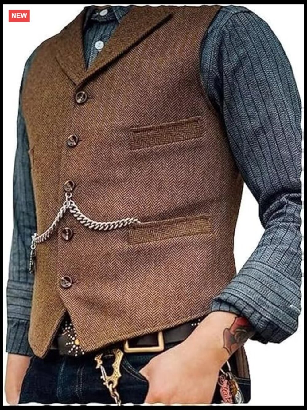 Classic Wool Tweed Suit Vest Sleeveless Herringbone Waistcoat